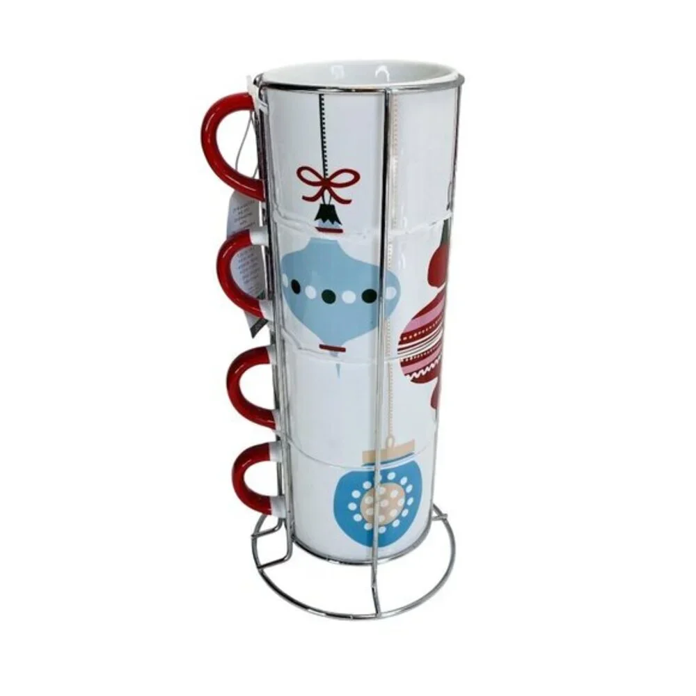 Pier One Stacking Mug Set on Stand Christmas Ornaments Red Handles Stoneware